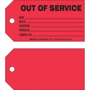 BRADY 86757 Out of Service Red Status Cardstrock Tags / Labels, 100 Pack New!